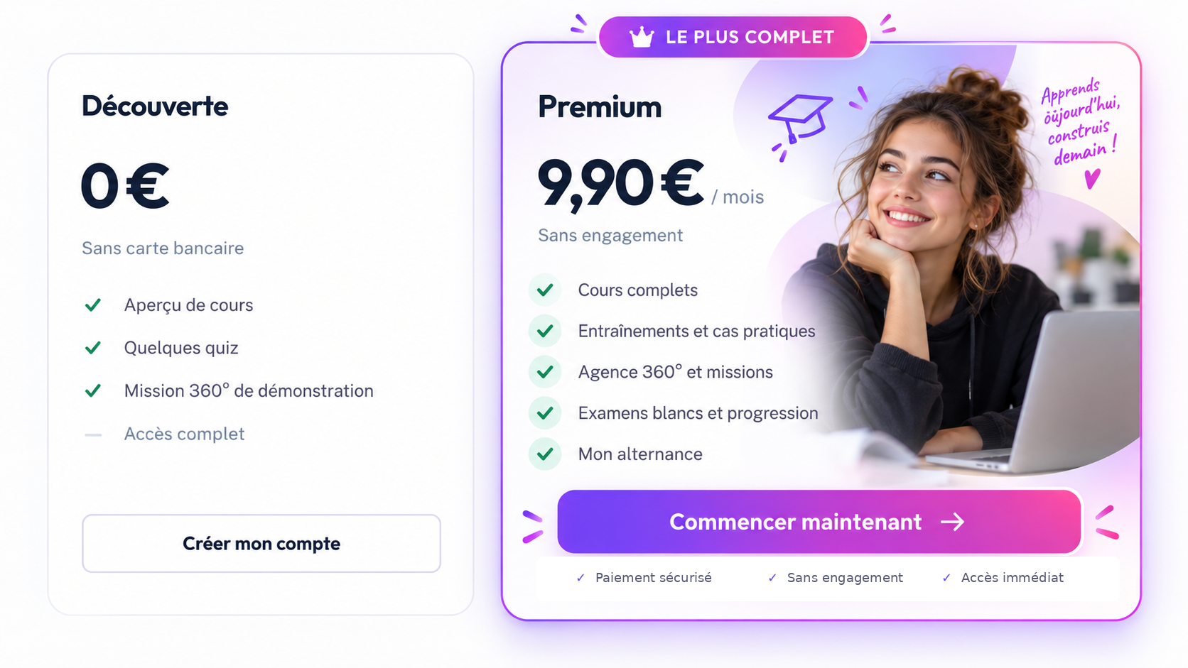Offre Découverte gratuite et offre Premium à 9,90 euros par mois, avec cours complets, entraînements, Agence 360°, examens blancs et accompagnement de l'alternance.